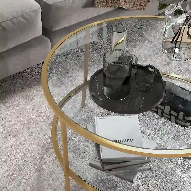 Table d'appoint à 2 étages en verre trempé avec cadre en acier