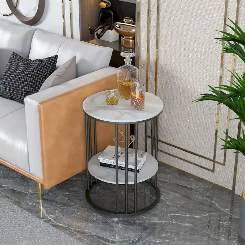 Table d'appoint ronde à 2 niveaux avec plateau en pierre sintérisée