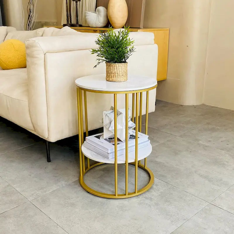 Table d'appoint ronde à 2 niveaux avec plateau en pierre sintérisée