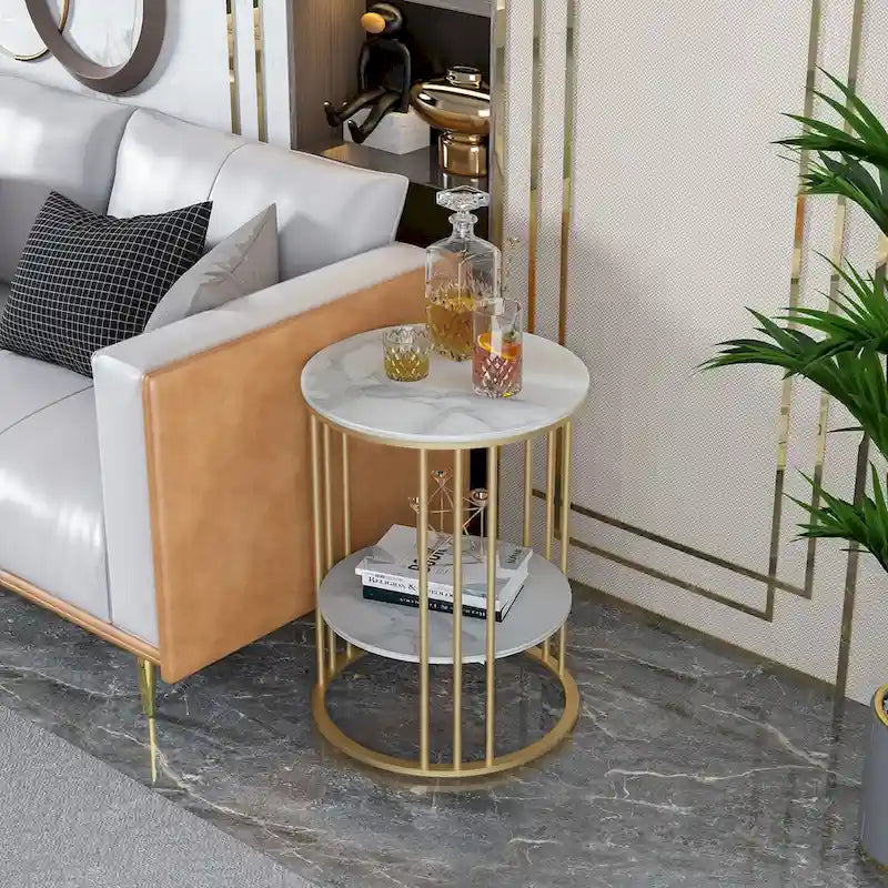 Table d'appoint ronde à 2 niveaux avec plateau en pierre sintérisée