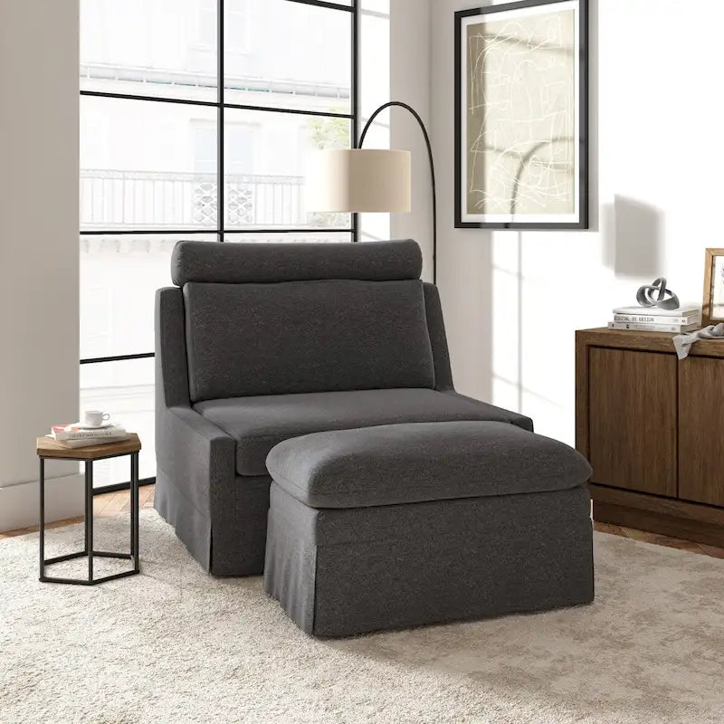 Fauteuil d'appoint sans accoudoirs surdimensionné déhoussable avec pouf et roulettes blocables
