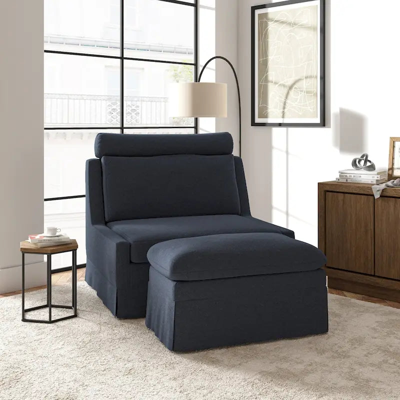 Fauteuil d'appoint sans accoudoirs surdimensionné déhoussable avec pouf et roulettes blocables