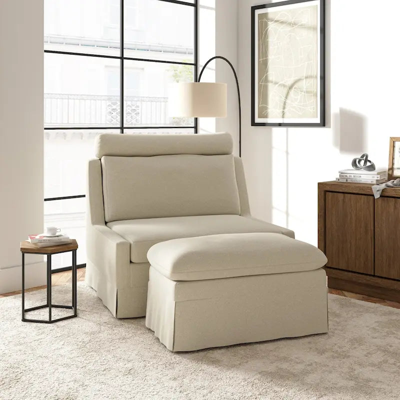 Fauteuil d'appoint sans accoudoirs surdimensionné déhoussable avec pouf et roulettes blocables