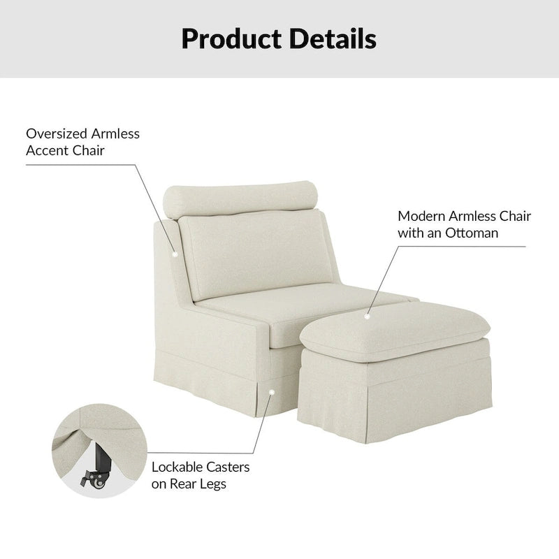 Fauteuil d'appoint sans accoudoirs surdimensionné déhoussable avec pouf et roulettes blocables