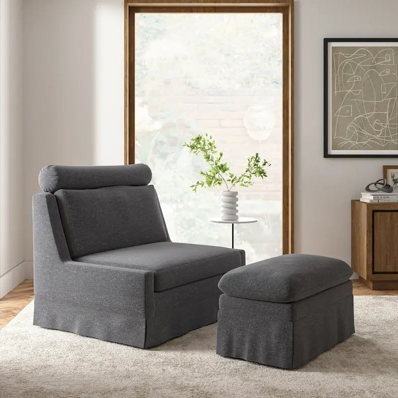 Fauteuil d'appoint sans accoudoirs surdimensionné déhoussable avec pouf et roulettes blocables