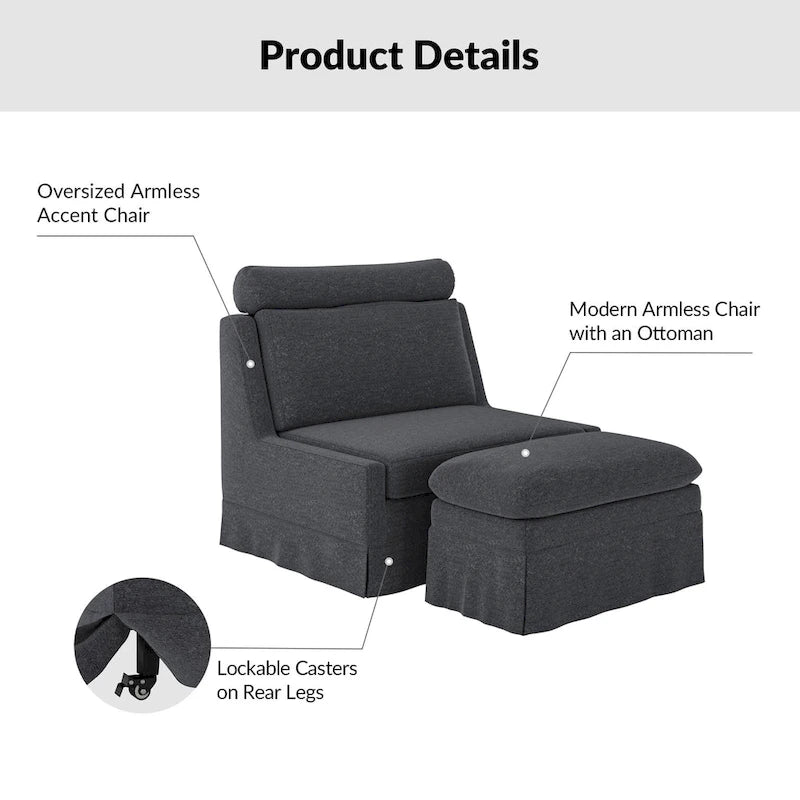Fauteuil d'appoint sans accoudoirs surdimensionné déhoussable avec pouf et roulettes blocables