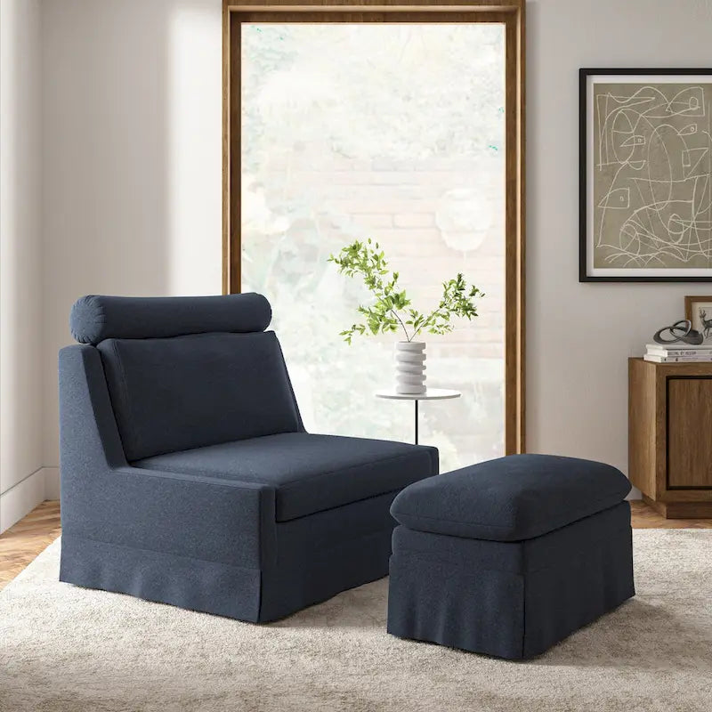Fauteuil d'appoint sans accoudoirs surdimensionné déhoussable avec pouf et roulettes blocables
