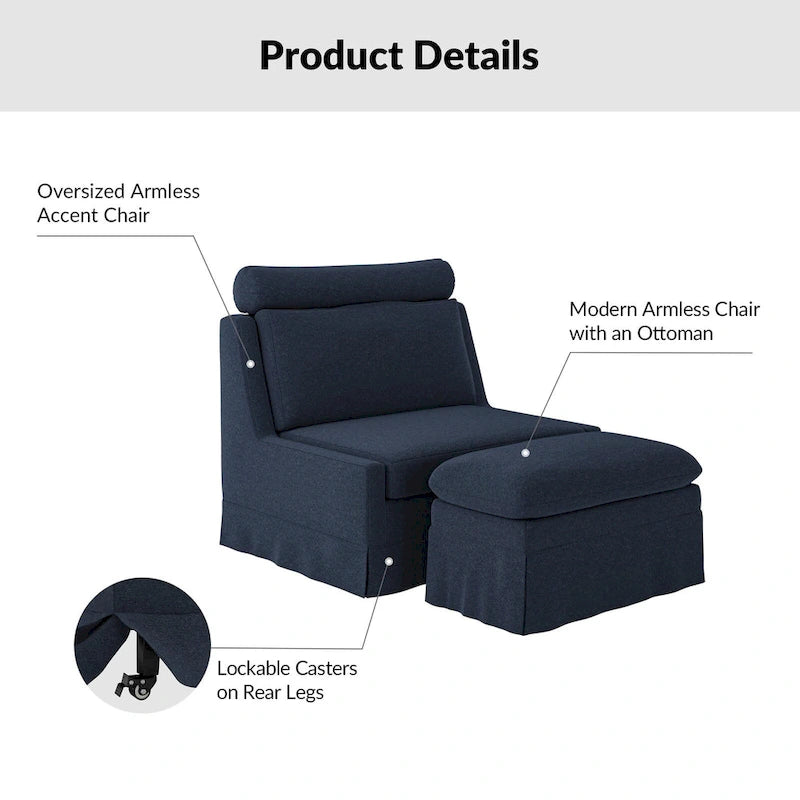 Fauteuil d'appoint sans accoudoirs surdimensionné déhoussable avec pouf et roulettes blocables