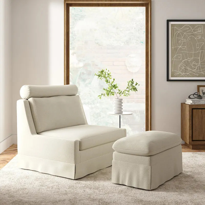 Fauteuil d'appoint sans accoudoirs surdimensionné déhoussable avec pouf et roulettes blocables